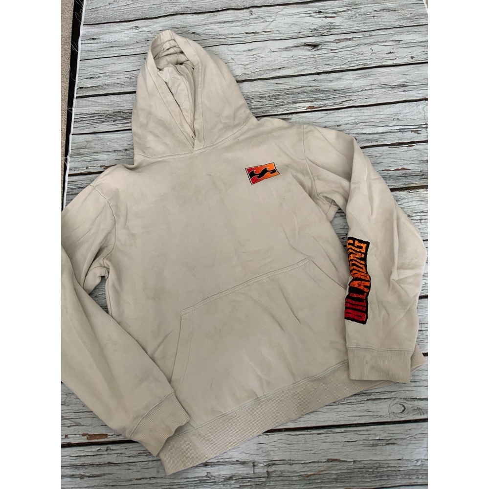 Billabong Mens Large Beige Pullover Hoodie Wave Logo Sleeve Graphic Sweatshirt